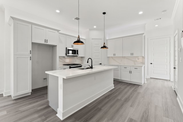 kitchen featuring decorative backsplash, light wood-style flooring, a sink, and stainless steel appliances