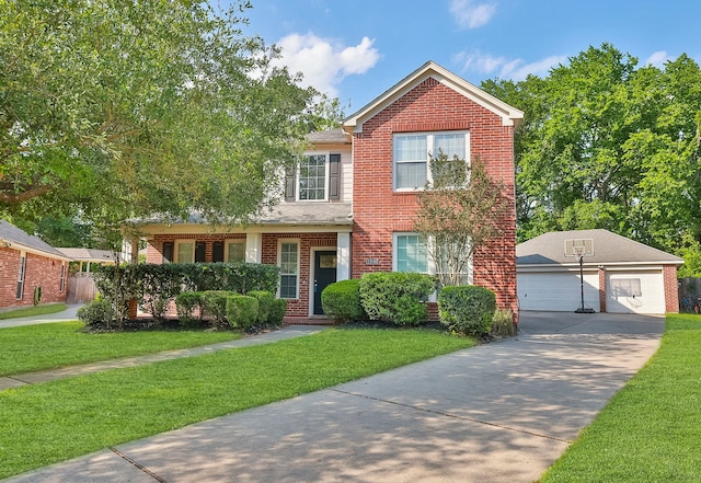 traditional-style home featuring a front lawn, brick siding, and a garage