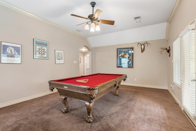 8408 Grand Lake Estates Dr, Montgomery, TX 77316 - recreation room with visible vents, arched walkways, ornamental molding, and carpet