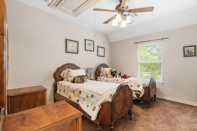 8408 Grand Lake Estates Dr, Montgomery, TX 77316 - bedroom with carpet flooring, a ceiling fan, baseboards, and lofted ceiling