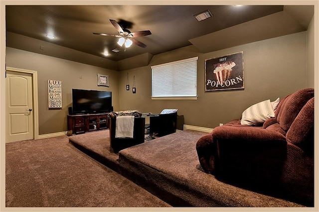 8408 Grand Lake Estates Dr, Montgomery, TX 77316 - cinema room with a raised ceiling, a ceiling fan, baseboards, visible vents, and carpet