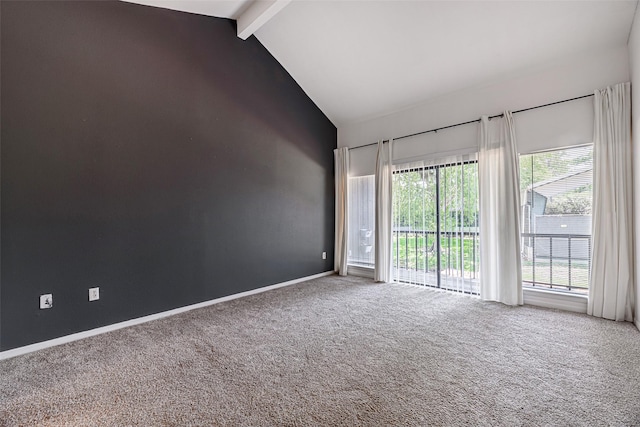 3226 Poe Dr, Montgomery, TX 77356 - empty room featuring beamed ceiling, baseboards, high vaulted ceiling, and carpet
