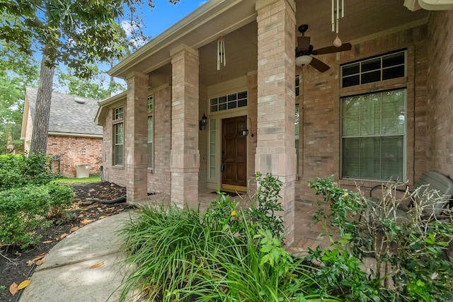 31 Trilling Bird Pl, The Woodlands, TX 77384 - doorway to property featuring brick siding, a porch, and a ceiling fan