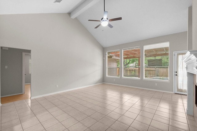 31 Trilling Bird Pl, The Woodlands, TX 77384 - spare room featuring ceiling fan, high vaulted ceiling, beam ceiling, and light tile patterned flooring
