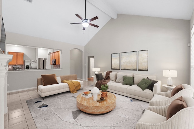 31 Trilling Bird Pl, The Woodlands, TX 77384 - living area with arched walkways, high vaulted ceiling, beamed ceiling, ceiling fan, and light tile patterned floors