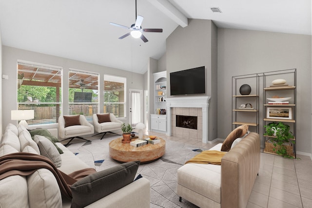 31 Trilling Bird Pl, The Woodlands, TX 77384 - living room featuring a ceiling fan, light tile patterned floors, beamed ceiling, high vaulted ceiling, and a fireplace