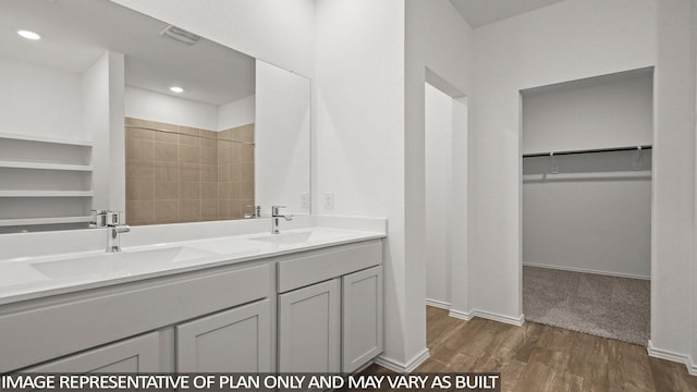 522 Belle Springs Ln, Conroe, TX 77301 - bathroom featuring visible vents, a sink, wood finished floors, and a spacious closet
