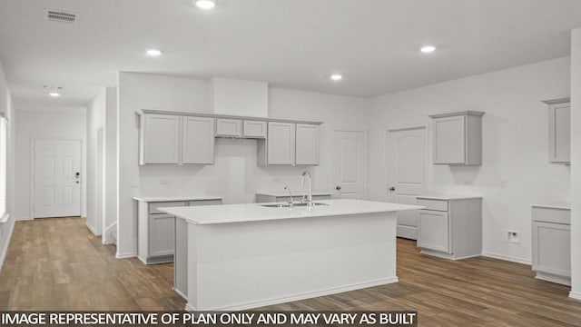 522 Belle Springs Ln, Conroe, TX 77301 - kitchen featuring a sink, gray cabinets, a center island with sink, and wood finished floors