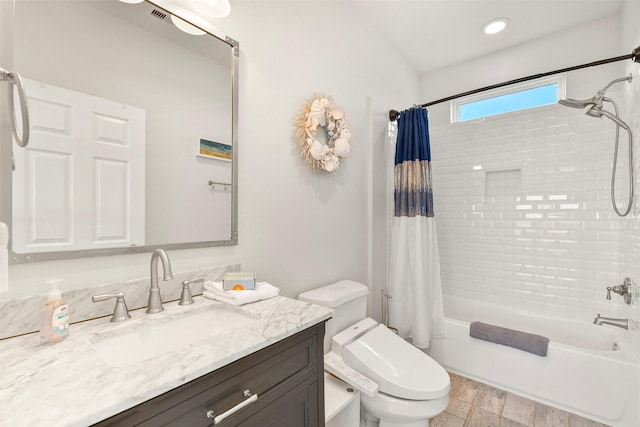 17431 Bristow Dr, Galveston, TX 77554 - bathroom with toilet, vanity, shower / bath combo with shower curtain, visible vents, and recessed lighting
