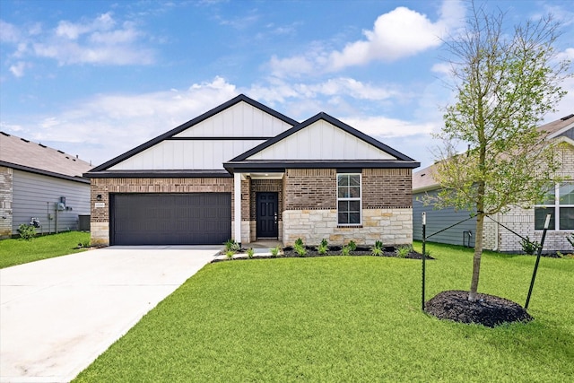 12260 Lady Eli Dr, Willis, TX 77318 - view of front of property featuring board and batten siding, a garage, a front yard, concrete driveway, and brick siding