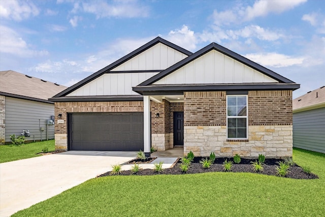 12260 Lady Eli Dr, Willis, TX 77318 - view of front facade with board and batten siding, driveway, a front yard, and an attached garage