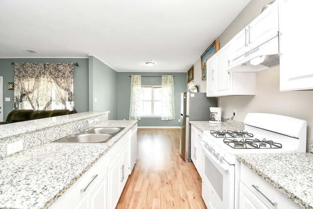 11314 Carla St, Houston, TX 77076 - kitchen featuring white cabinetry, a sink, under cabinet range hood, and white appliances
