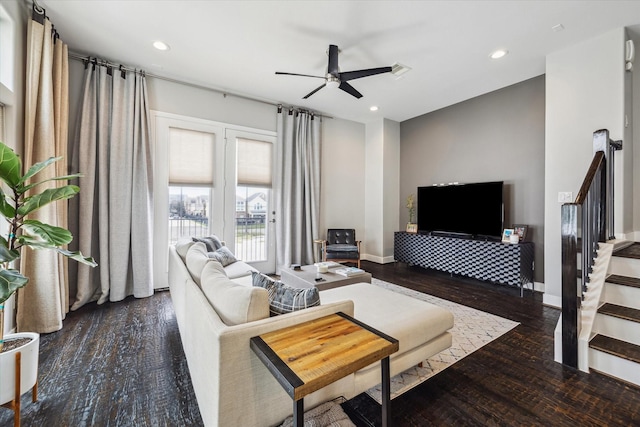 2718 Leeland St Unit A, Houston, TX 77003 - living area featuring ceiling fan, wood finished floors, stairway, recessed lighting, and baseboards