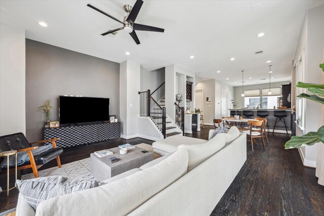 2718 Leeland St Unit A, Houston, TX 77003 - living room featuring wood finished floors, stairs, recessed lighting, ceiling fan, and baseboards