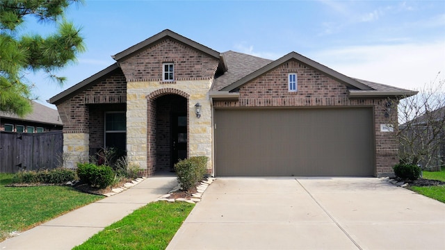 1807 Iris Knoll Ln, Pearland, TX 77089 - french country inspired facade with driveway, stone siding, an attached garage, brick siding, and fence