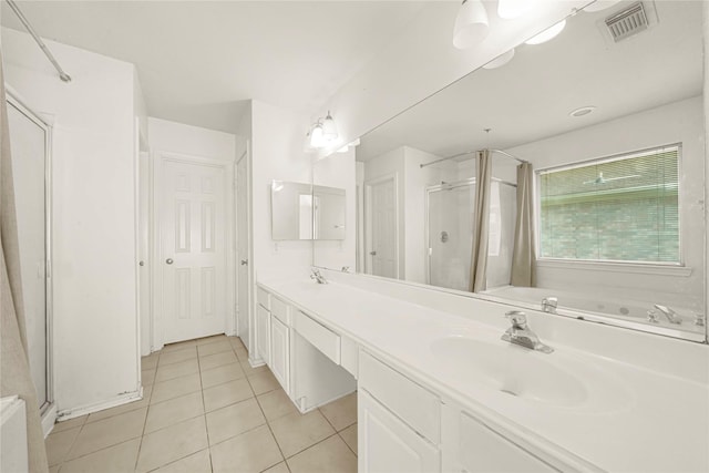 2904 Bristol Bend Ln, Dickinson, TX 77539 - full bathroom with a shower stall, tile patterned floors, double vanity, and a bathtub