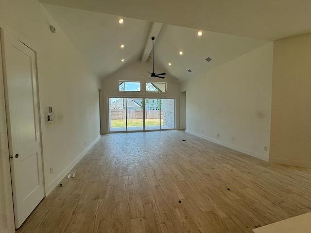 12830 Forest Garden Ct, Conroe, TX 77302 - unfurnished living room featuring beamed ceiling, light wood-type flooring, baseboards, high vaulted ceiling, and a ceiling fan