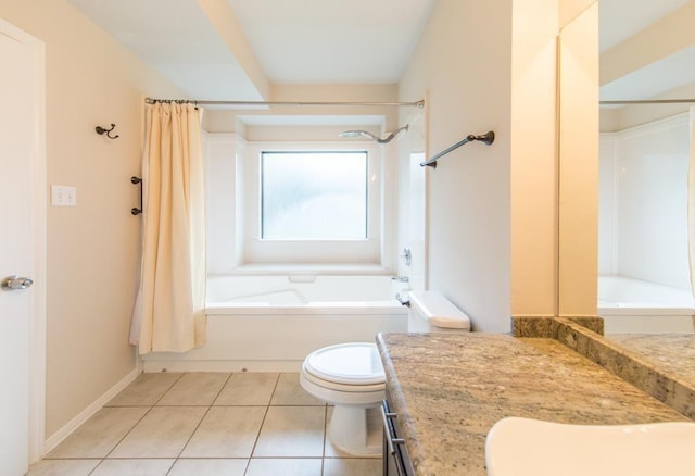 737 Davis Rd, League City, TX 77573 - bathroom featuring baseboards, toilet, shower / bathtub combination with curtain, vanity, and tile patterned flooring