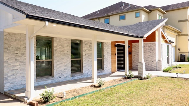 9121 Fordshire Dr, Houston, TX 77025 - exterior space with roof with shingles and a yard