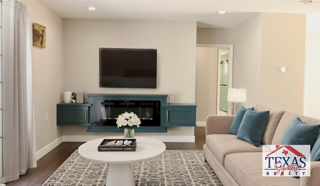 9121 Fordshire Dr, Houston, TX 77025 - living room featuring baseboards, recessed lighting, a glass covered fireplace, and dark wood-style floors