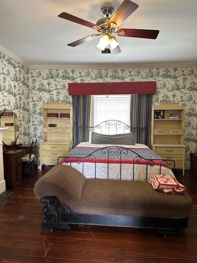 bedroom featuring hardwood / wood-style flooring, wallpapered walls, crown molding, and ceiling fan
