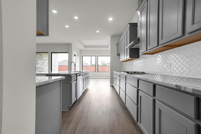 2904 Apple Rose, Katy, TX 77493 - kitchen featuring gray cabinetry, decorative backsplash, dark wood-style floors, and recessed lighting