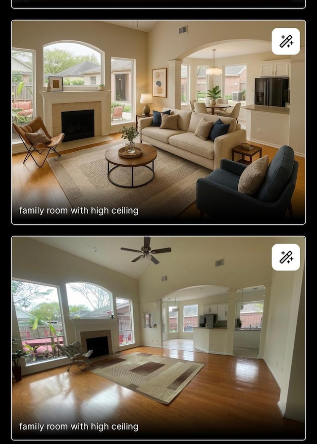 4311 Lakeside Meadow Dr, Missouri City, TX 77459 - living area featuring a fireplace with flush hearth, wood finished floors, arched walkways, and ceiling fan