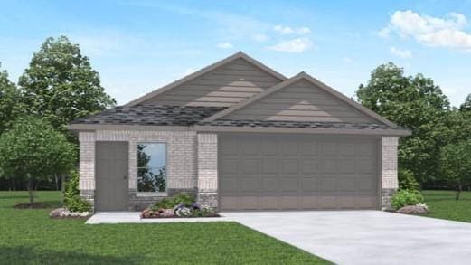 1342 Heather Rosewood Ln, Conroe, TX 77301 - view of front of house featuring a garage, concrete driveway, brick siding, and a front lawn