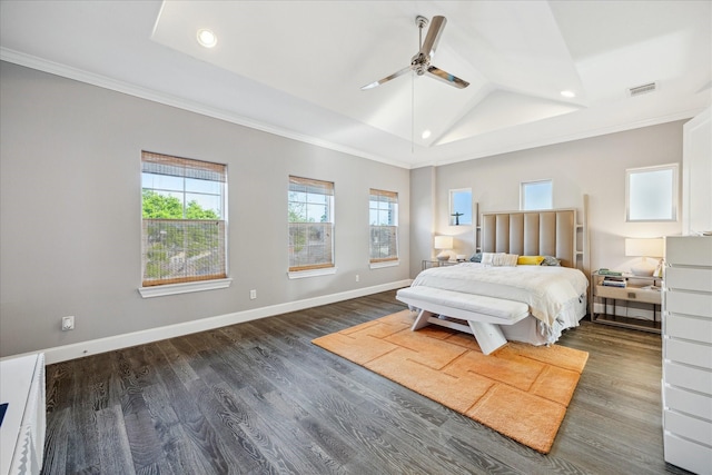 bedroom featuring visible vents, ornamental molding, baseboards, and dark wood-style floors