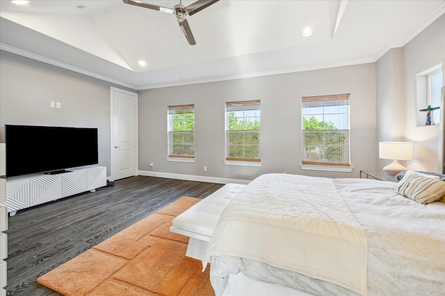 bedroom featuring crown molding, baseboards, recessed lighting, and wood finished floors