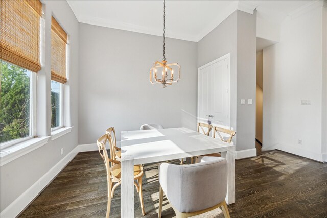 dining room with plenty of natural light, dark wood finished floors, and a chandelier