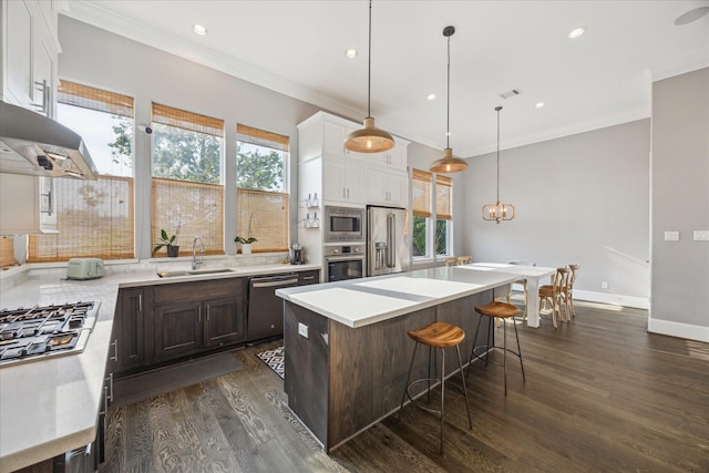 kitchen featuring appliances with stainless steel finishes, dark wood finished floors, a sink, white cabinets, and ornamental molding