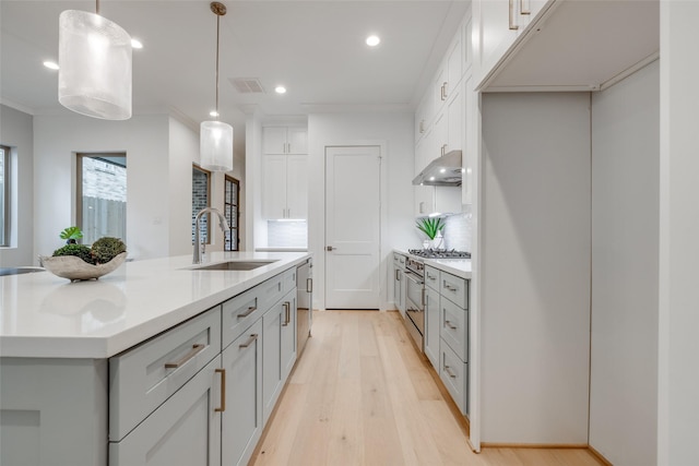626 E 14th St, Houston, TX 77008 - kitchen featuring a sink, appliances with stainless steel finishes, under cabinet range hood, light wood-type flooring, and recessed lighting