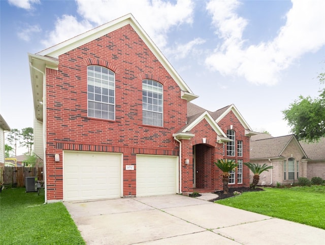 traditional home featuring driveway, brick siding, central AC unit, and a front lawn