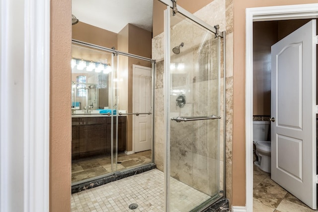 full bathroom featuring vanity, toilet, and a shower stall