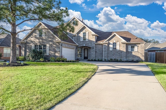 traditional-style house featuring driveway, fence, brick siding, a front lawn, and a shingled roof