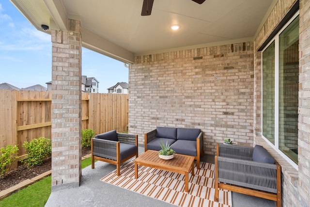view of patio / terrace with ceiling fan, an outdoor hangout area, and a fenced backyard