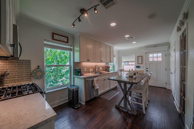 kitchen featuring light countertops, a sink, stainless steel appliances, ornamental molding, and dark wood-style flooring