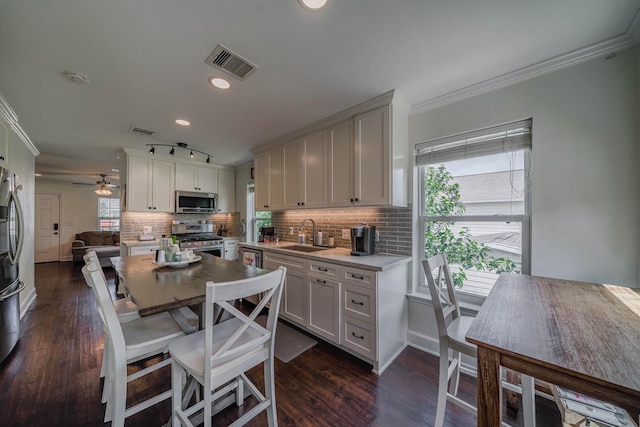 kitchen featuring crown molding, a sink, tasteful backsplash, stainless steel appliances, and visible vents