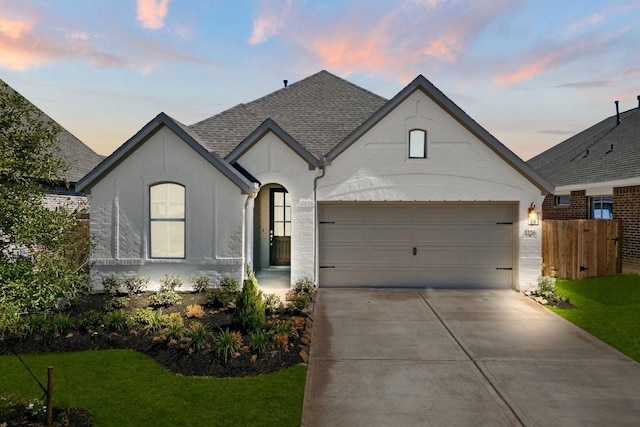 french country inspired facade featuring fence, an attached garage, concrete driveway, roof with shingles, and stucco siding