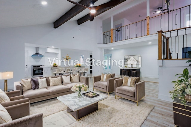 2902 Misty Park Dr, Houston, TX 77082 - living room with ceiling fan, beam ceiling, high vaulted ceiling, wood finished floors, and recessed lighting