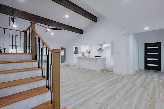 2902 Misty Park Dr, Houston, TX 77082 - foyer entrance with light wood finished floors, baseboards, stairway, a ceiling fan, and recessed lighting