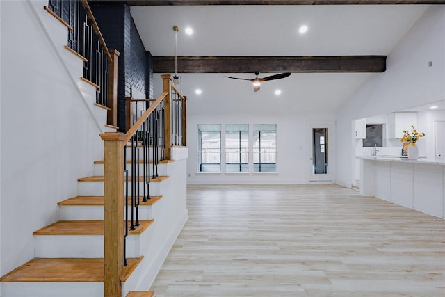 2902 Misty Park Dr, Houston, TX 77082 - staircase featuring wood finished floors and ceiling fan