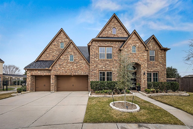 view of front of house featuring fence, a shingled roof, a front lawn, concrete driveway, and brick siding