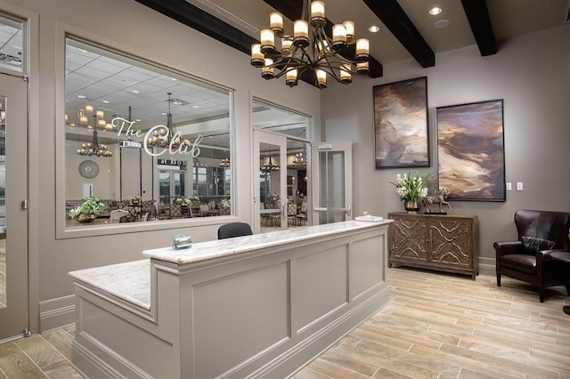 29026 Zacate Creek Ln, Fulshear, TX 77441 - welcome area with a chandelier, beamed ceiling, and recessed lighting