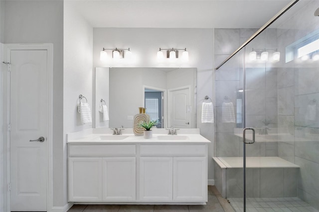 29026 Zacate Creek Ln, Fulshear, TX 77441 - bathroom featuring a stall shower, double vanity, and tile patterned flooring