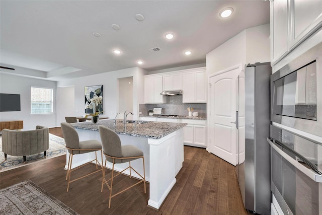 29026 Zacate Creek Ln, Fulshear, TX 77441 - kitchen with appliances with stainless steel finishes, a sink, under cabinet range hood, dark wood-style floors, and light stone countertops