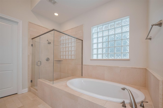 full bathroom with a stall shower, recessed lighting, a bath, and visible vents