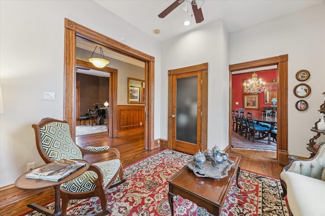 1101 Heights Blvd, Houston, TX 77008 - living room with a chandelier, wood finished floors, and ceiling fan