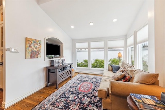 1101 Heights Blvd, Houston, TX 77008 - living room with wood finished floors, lofted ceiling, recessed lighting, and baseboards